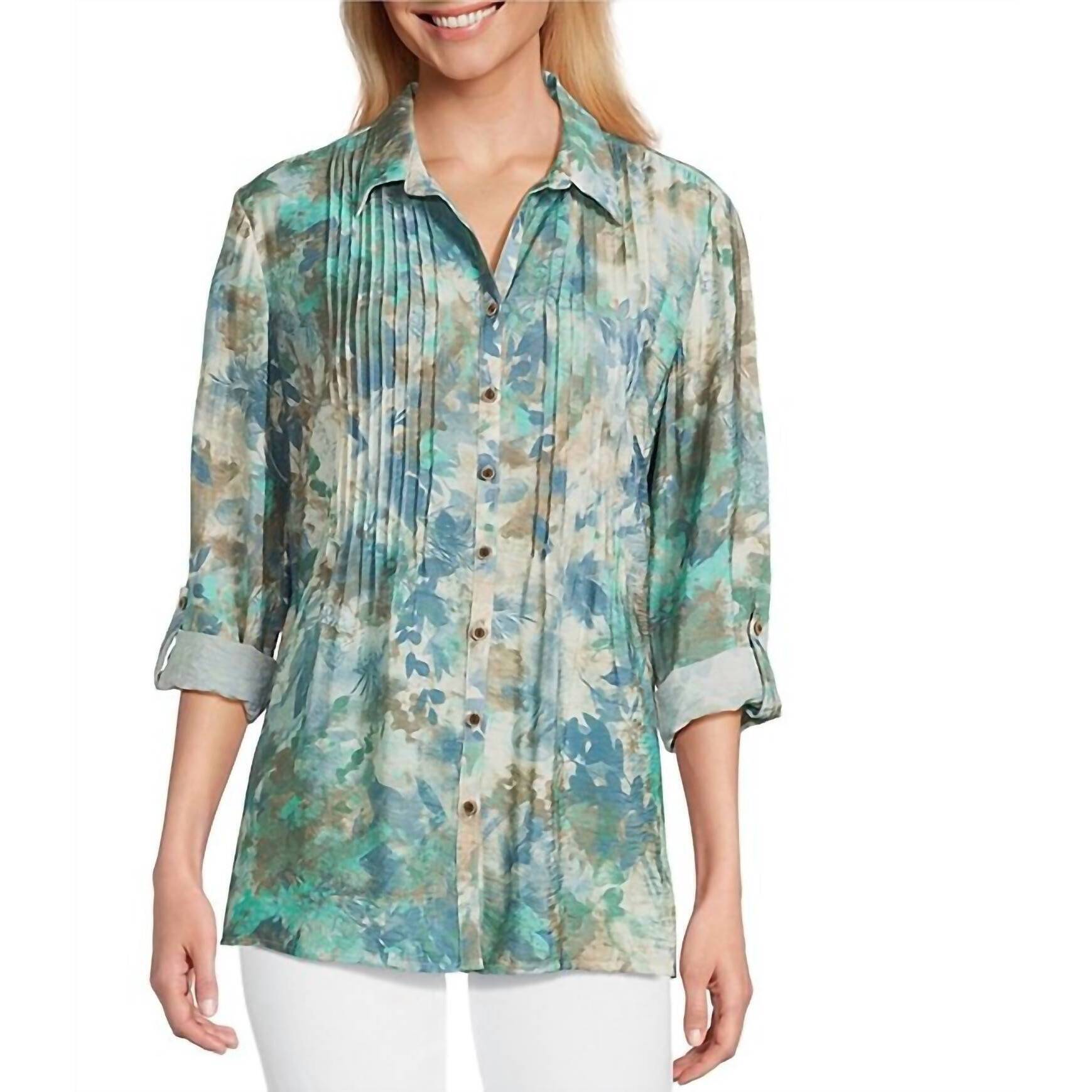 New Multiples Cinched Cuff 3/4 Sleeve Button Up Top In Seafoam/Ocean Blue